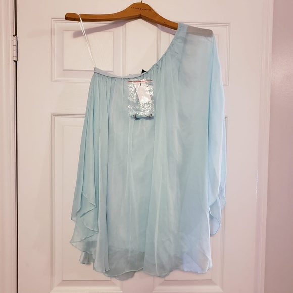 MINT BLUE CHIFFON ONE SHOULDER FLIRTY MINI DRESS S - Picture 4 of 4